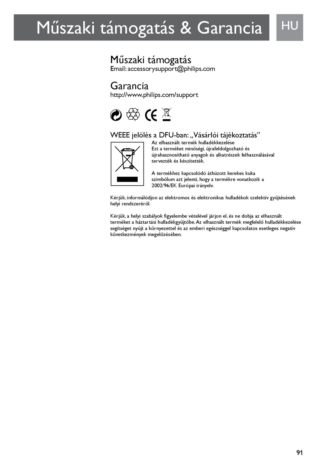 Philips SJM3141, SJM3140 user manual Műszaki támogatás & Garancia HU 