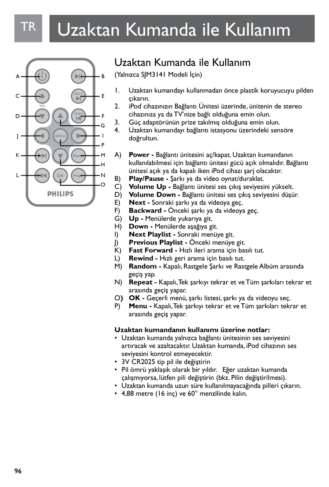 Philips SJM3140, SJM3141 user manual TR Uzaktan Kumanda ile Kullanım 