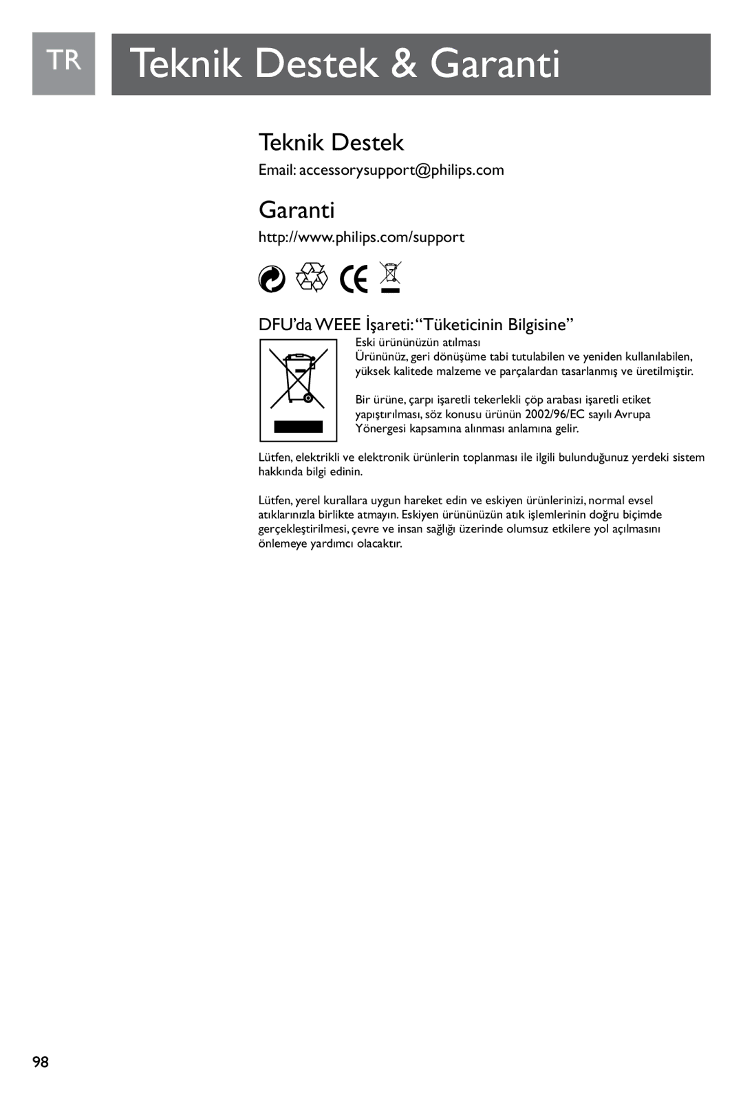 Philips SJM3140, SJM3141 user manual TR Teknik Destek & Garanti, Email accessorysupport@philips..com 