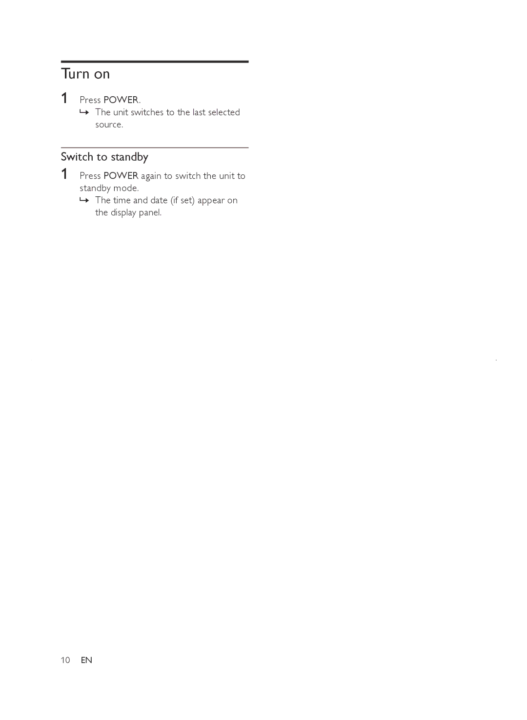 Philips SJ/T113632006, DC220/93 user manual Turn on, Switch to standby 