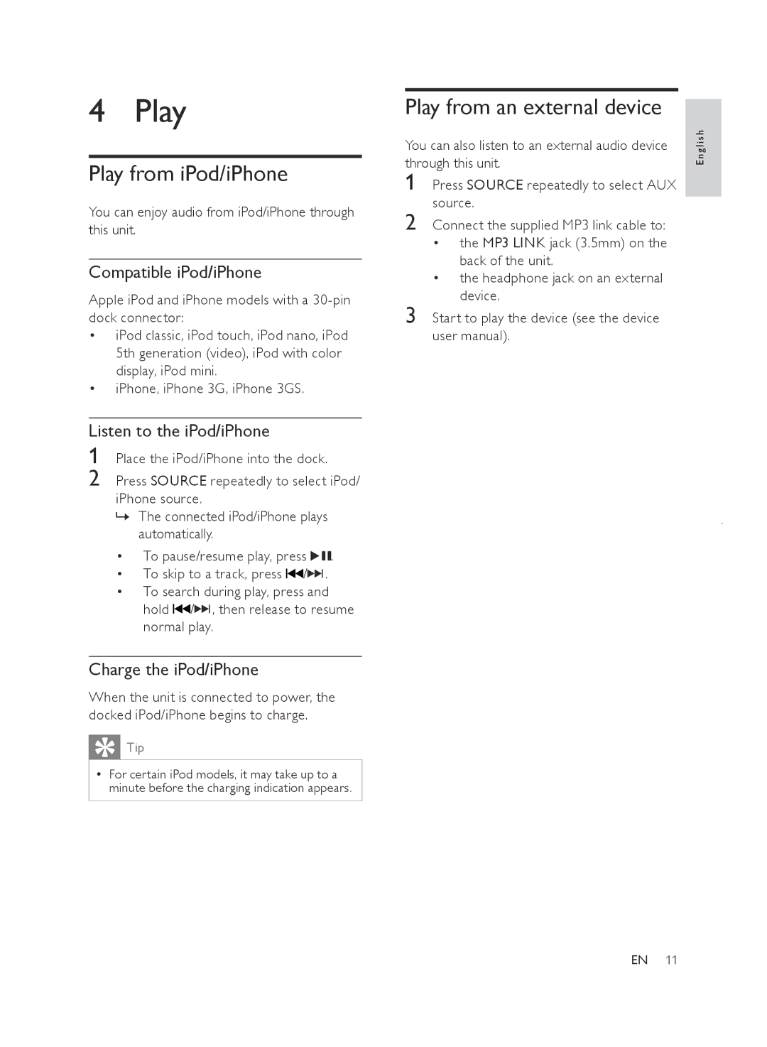 Philips DC220/93, SJ/T113632006 user manual Play from iPod/iPhone, Play from an external device 