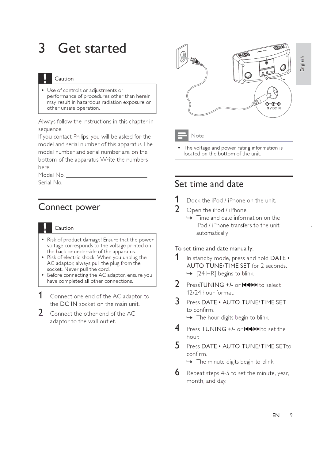 Philips DC220/93, SJ/T113632006 user manual Get started, Connect power, Set time and date 