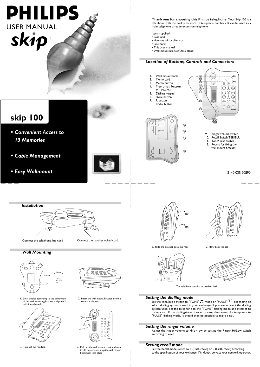 Philips skip 100 user manual Location of Buttons, Controls and Connectors, Installation, Wall Mounting 