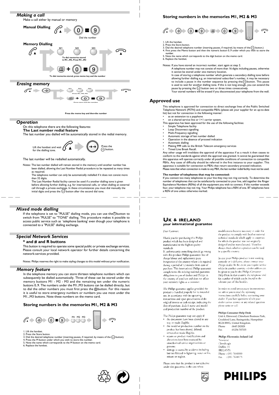 Philips skip 100 Making a call, Erasing memory, Operation, Mixed mode dialling, Special Network Services, Memory feature 