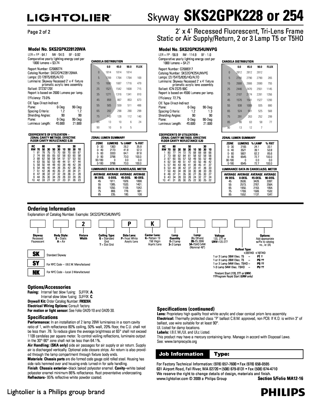 Philips SKSGPK254 Ordering Information, Page 2 of, Job Information Type, Skyway SKS2GPK228 or, Sk Sy, Options/Accessories 