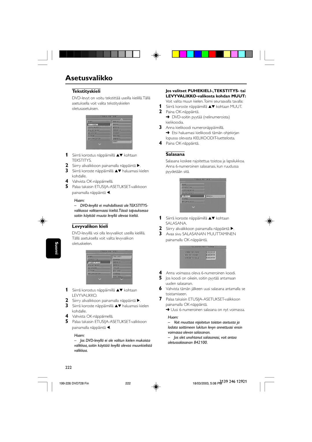 Philips SL-0312/02-13 owner manual Tekstityskieli, Levyvalikon kieli, Salasana 