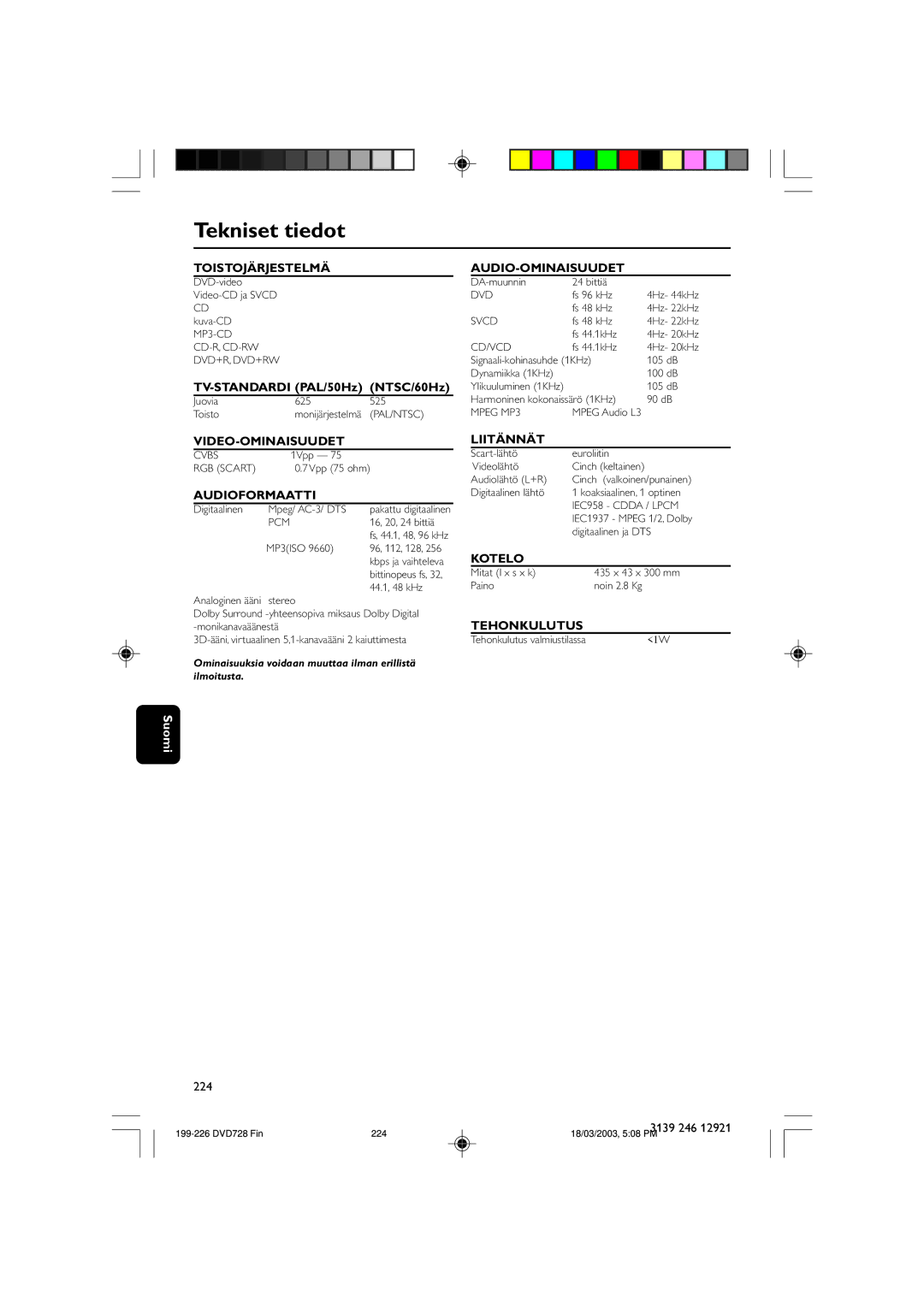 Philips SL-0312/02-13 owner manual Tekniset tiedot 