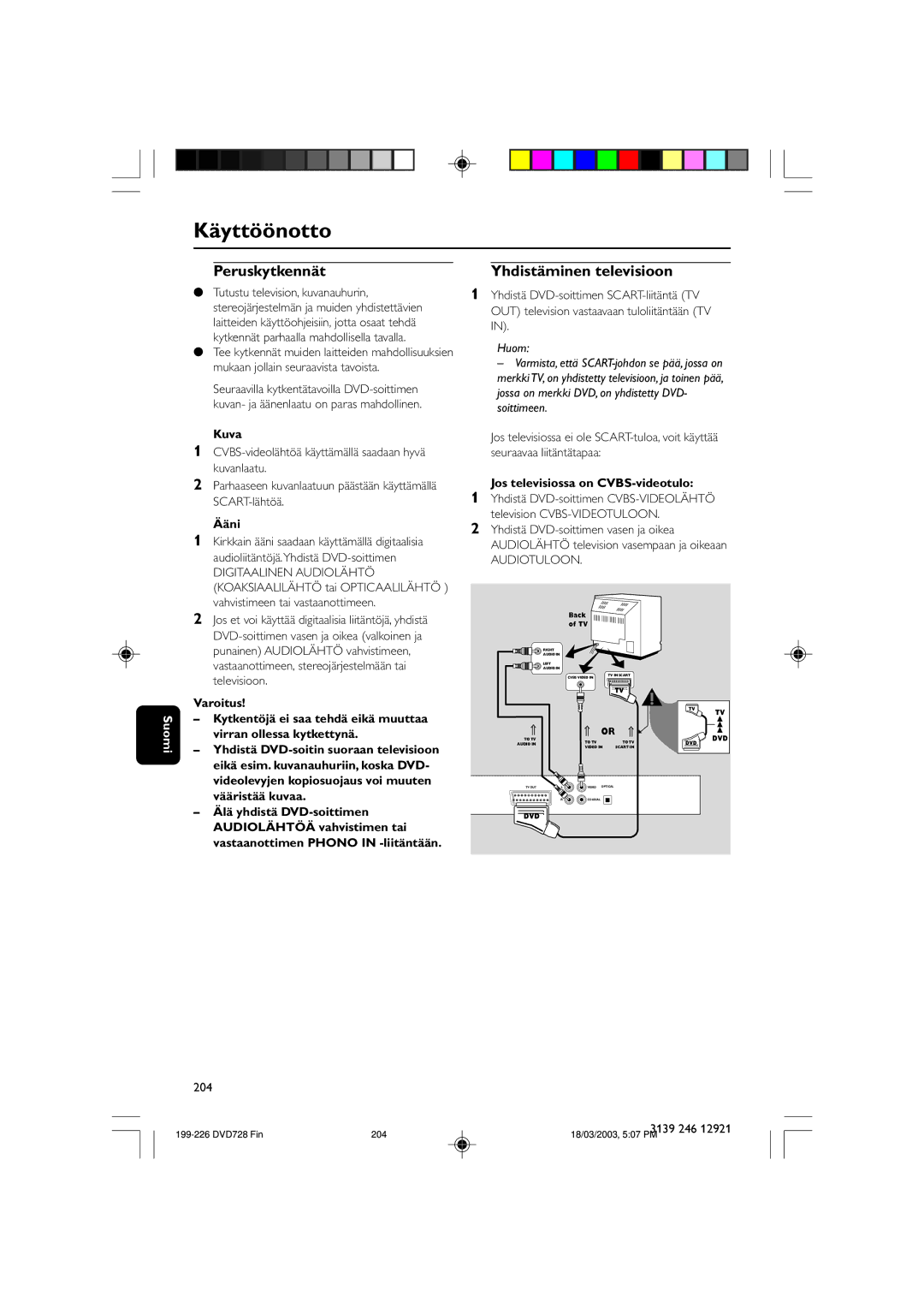 Philips SL-0312/02-13 owner manual Käyttöönotto, Peruskytkennät Yhdistäminen televisioon 