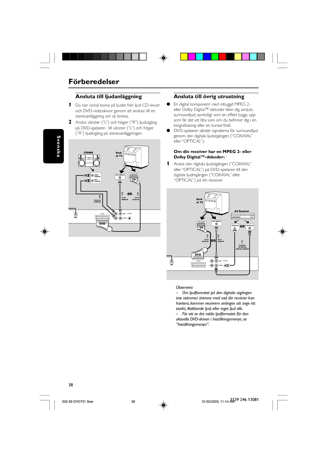 Philips SL-0314/00a-5 owner manual Förberedelser, Ansluta till ljudanläggning, Ansluta till övrig utrustning 