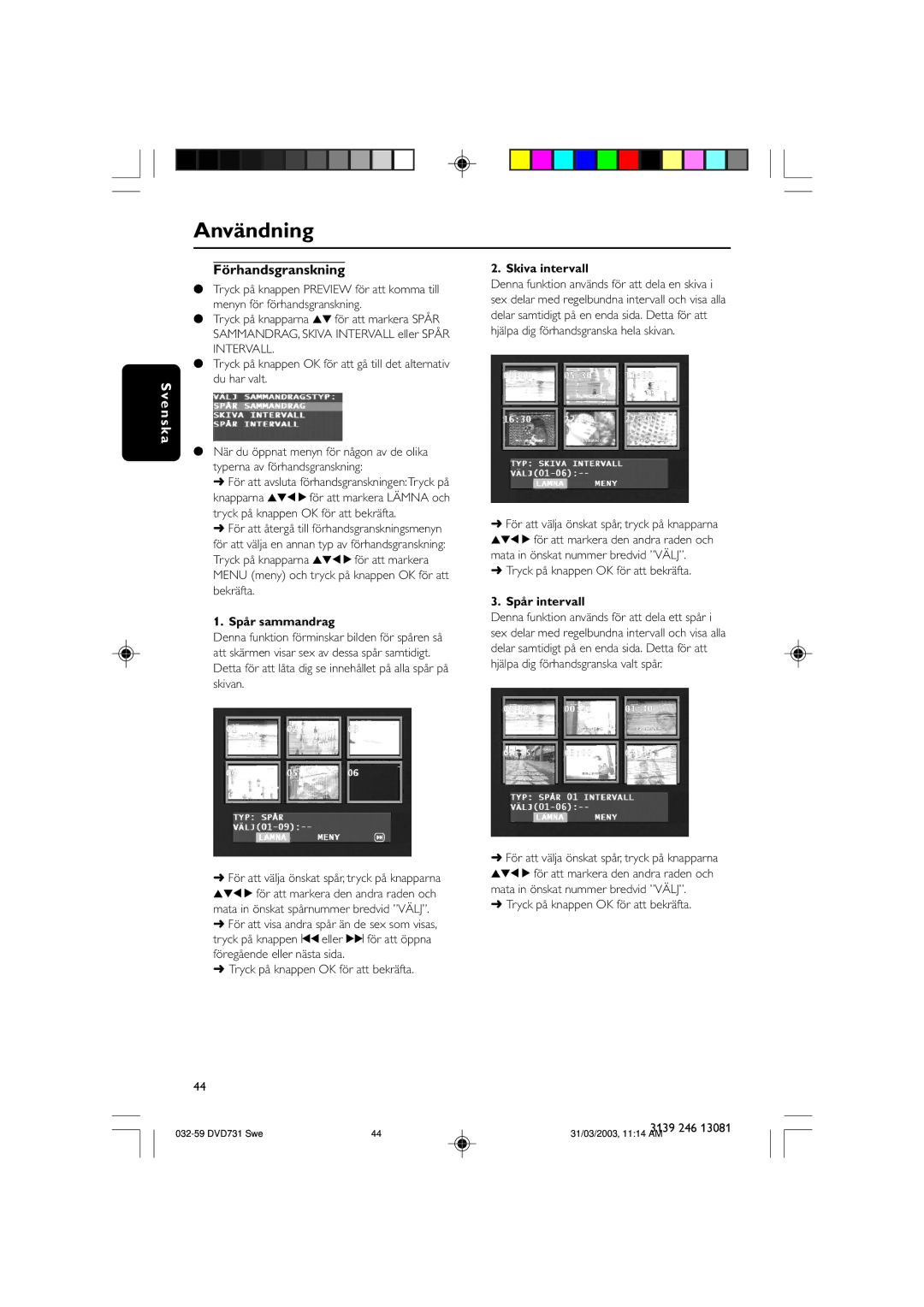 Philips SL-0314/00a-5 owner manual Förhandsgranskning, Spår sammandrag, Skiva intervall, Spår intervall 