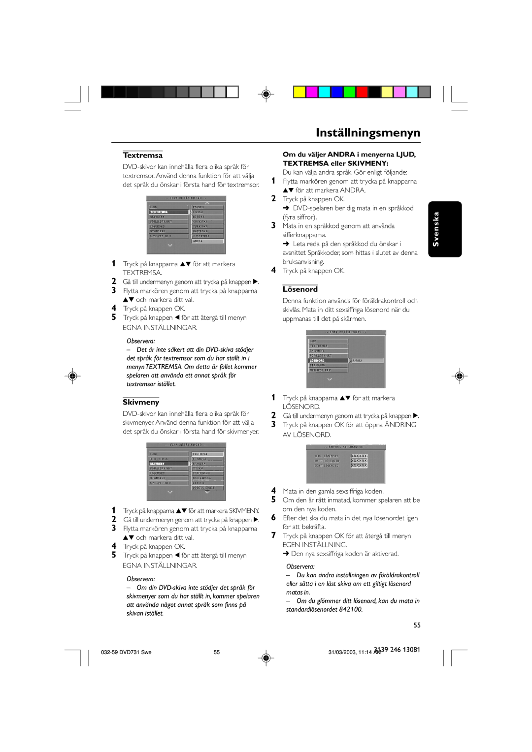 Philips SL-0314/00a-5 owner manual Textremsa, Skivmeny, Lösenord 