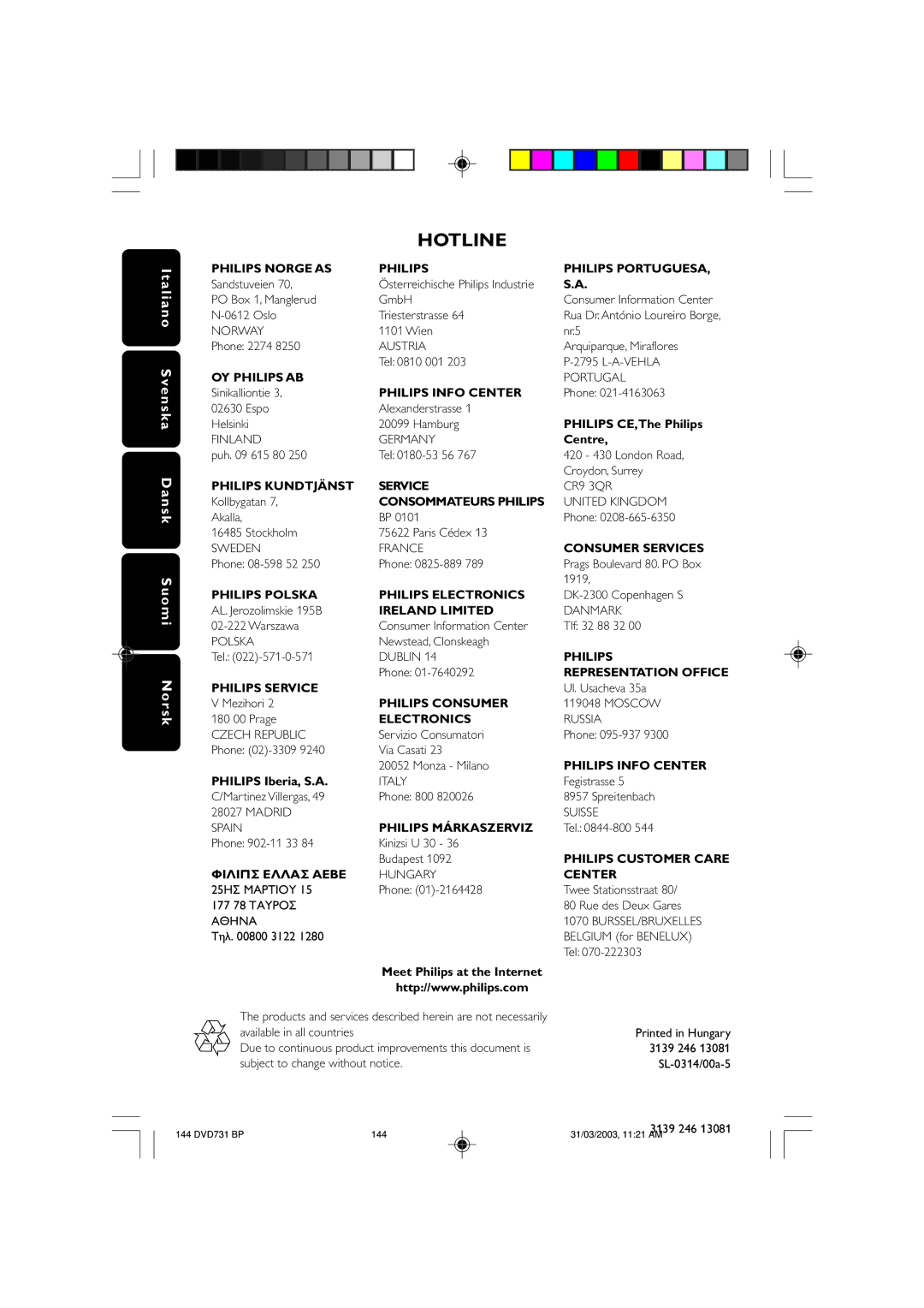 Philips SL-0314/00a-5 Philips Norge AS Philips Portuguesa, OY Philips AB, Philips Info Center, Philips Kundtjänst Service 