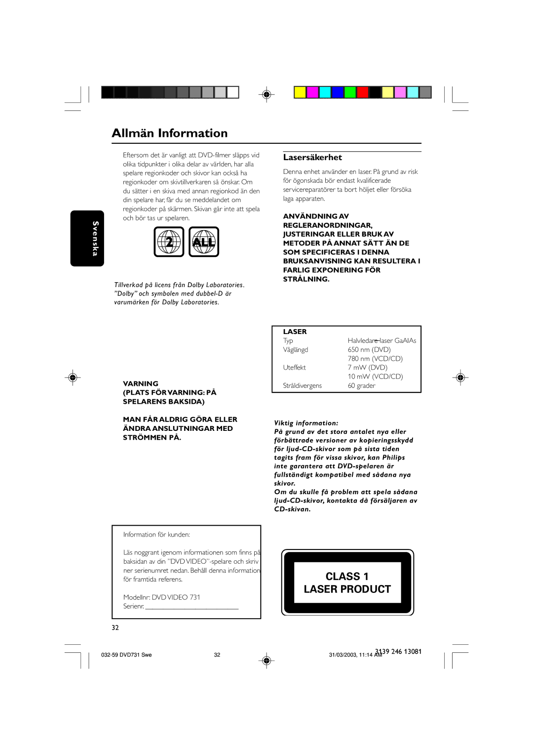 Philips SL-0314/00a-5 Allmän Information, Lasersäkerhet, Information för kunden, Modellnr DVD Video Serienr, Typ 