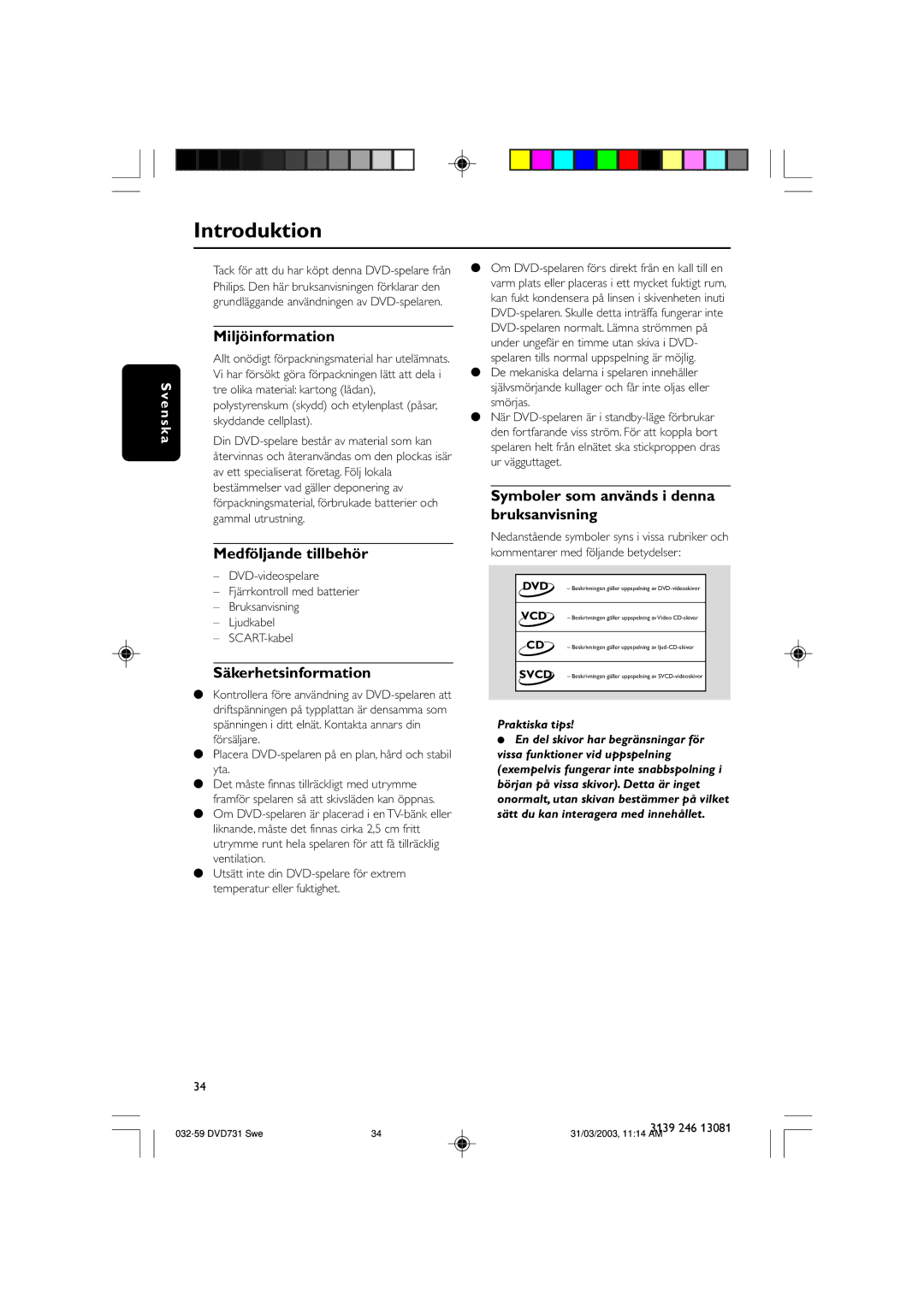 Philips SL-0314/00a-5 owner manual Introduktion, Miljöinformation, Medföljande tillbehör, Säkerhetsinformation 