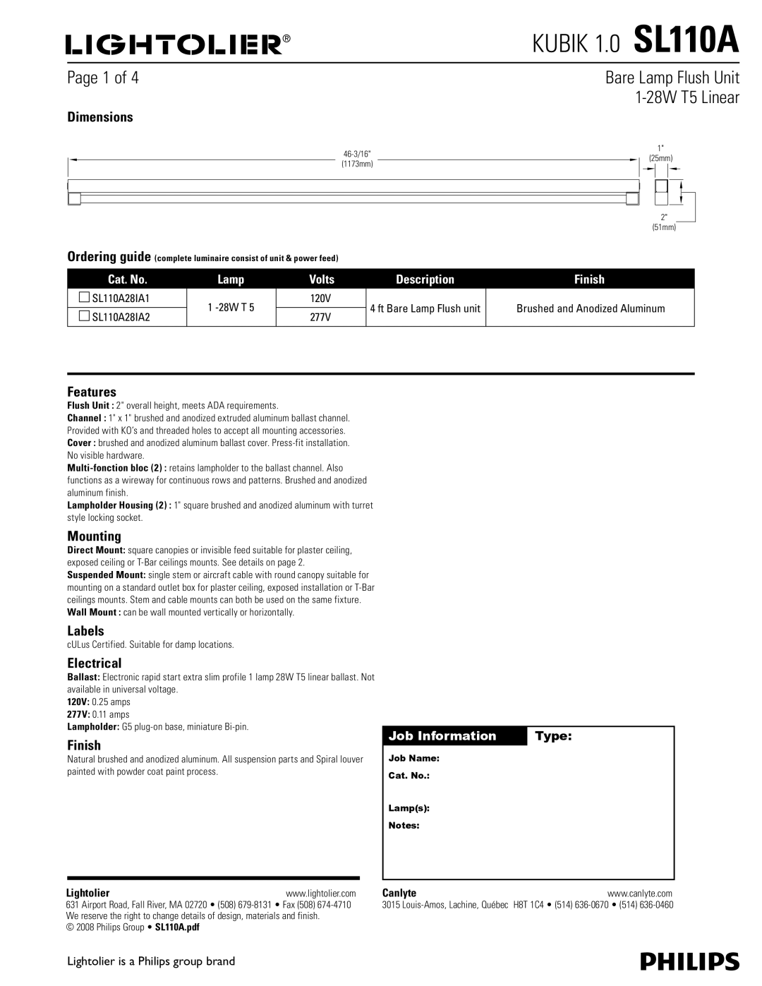 Philips SL110A dimensions Dimensions, Features, Mounting, Labels, Electrical, Finish 