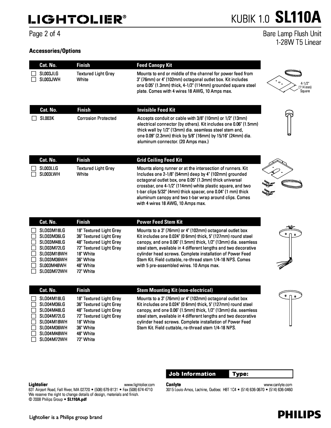Philips dimensions KUBIK 1.0 SL110A, Page 2 of, Accessories/Options, Bare Lamp Flush Unit 1-28WT5 Linear, Type 