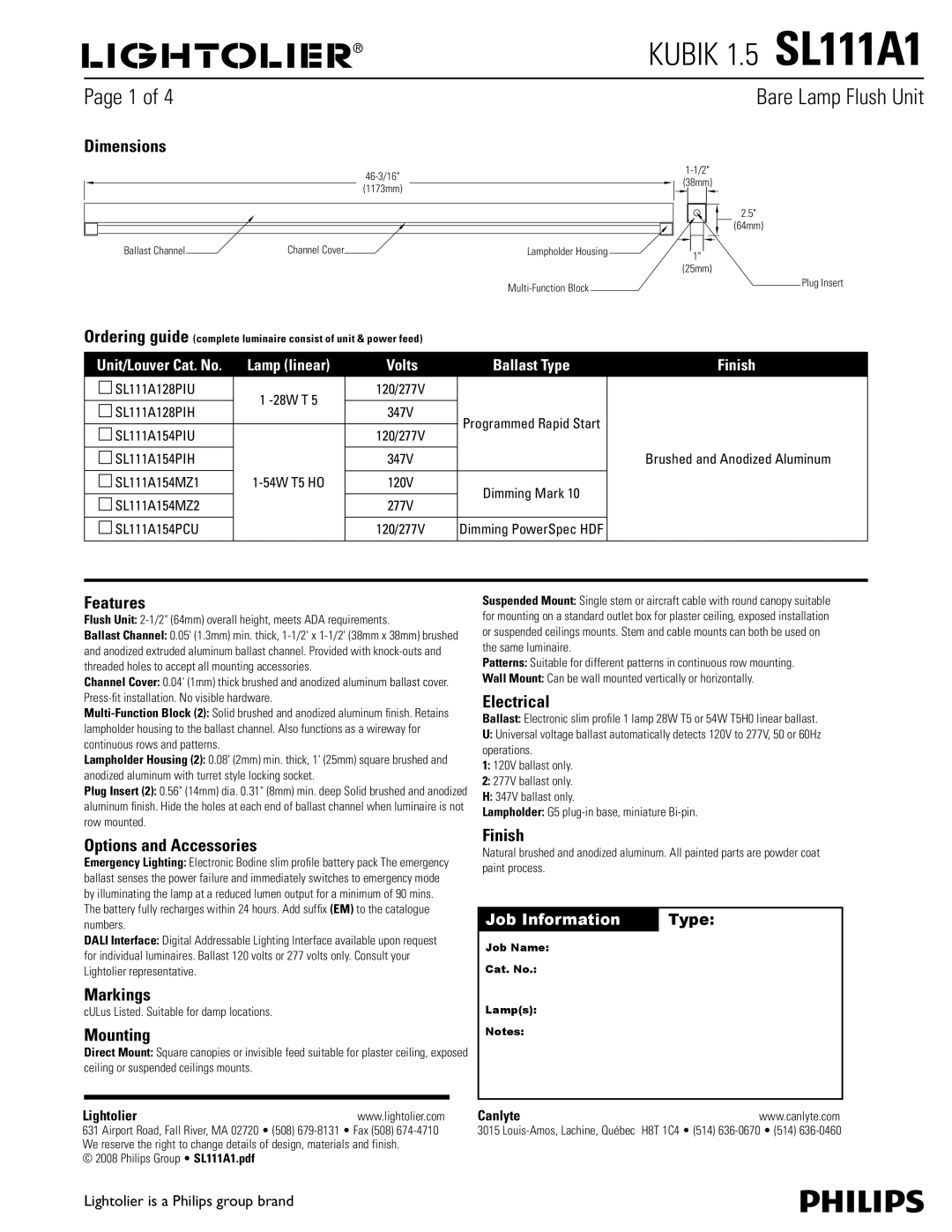 Philips SL111A1 dimensions Dimensions, Features, Options and Accessories, Markings, Mounting, Electrical, Finish 