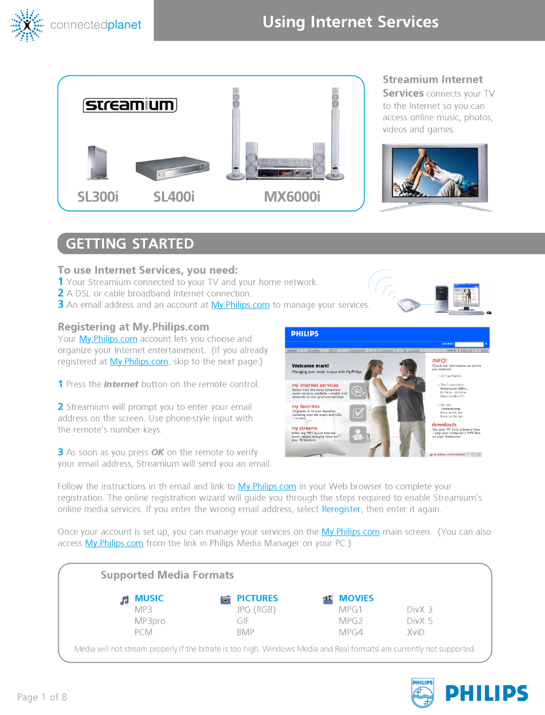 Philips MX6000I manual Getting Started, Connectedplanet, To use Internet Services, you need, Registering at My.Philips.com 