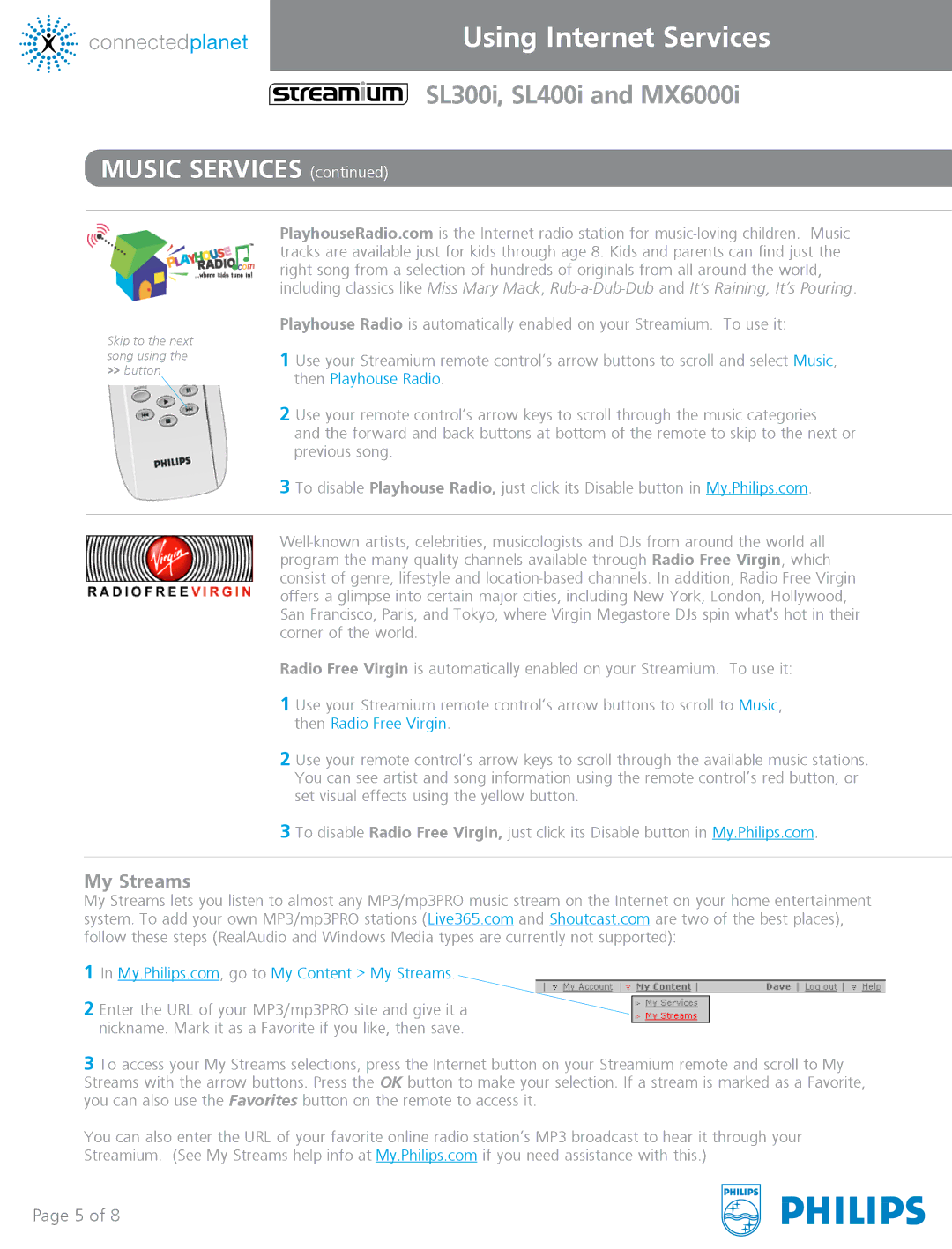 Philips MX6000I, SL300i manual My.Philips.com, go to My Content My Streams 