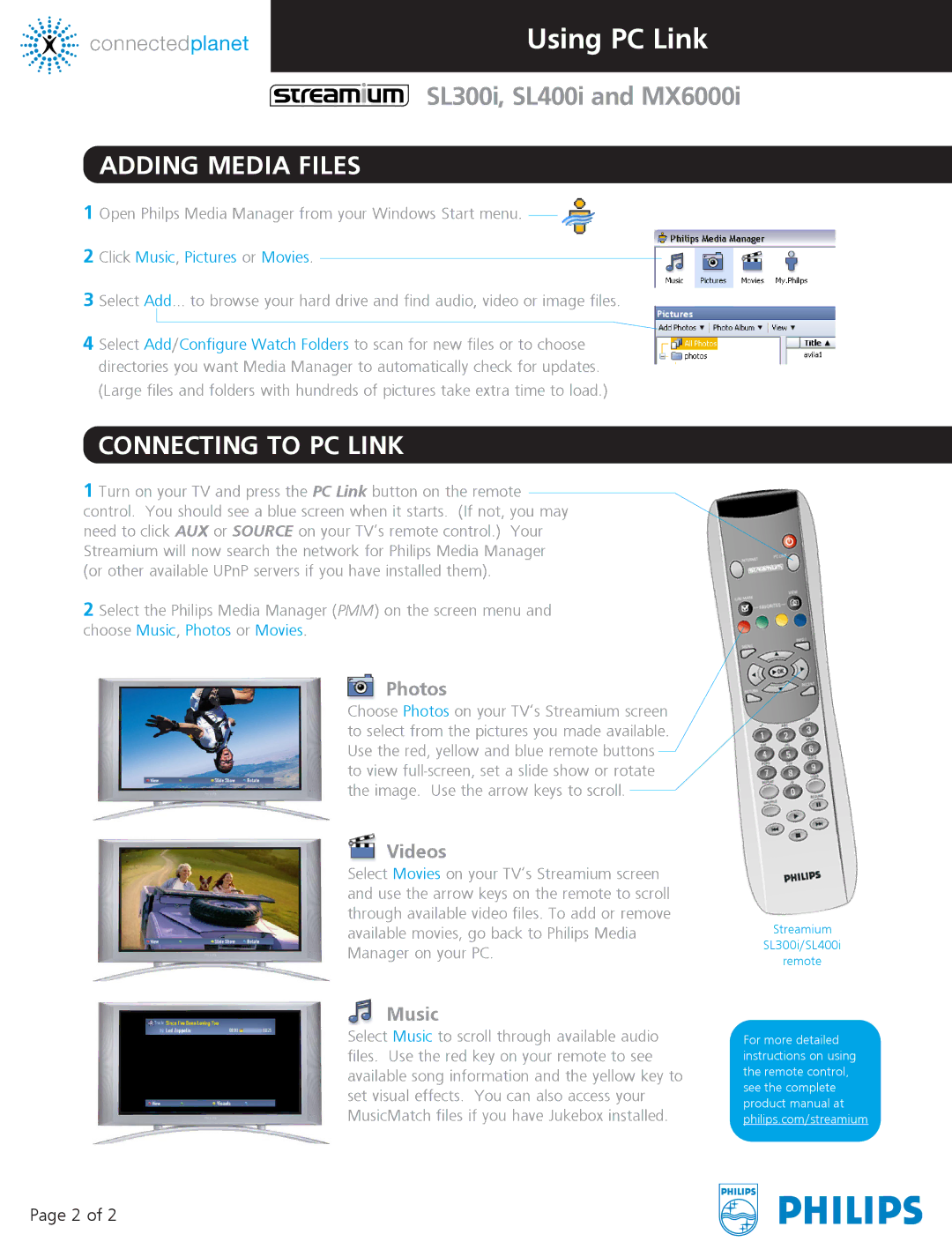 Philips MX6000I, SL300i, SL400I/37B manual Adding Media Files, Connecting to PC Link, Photos, Videos, Music 