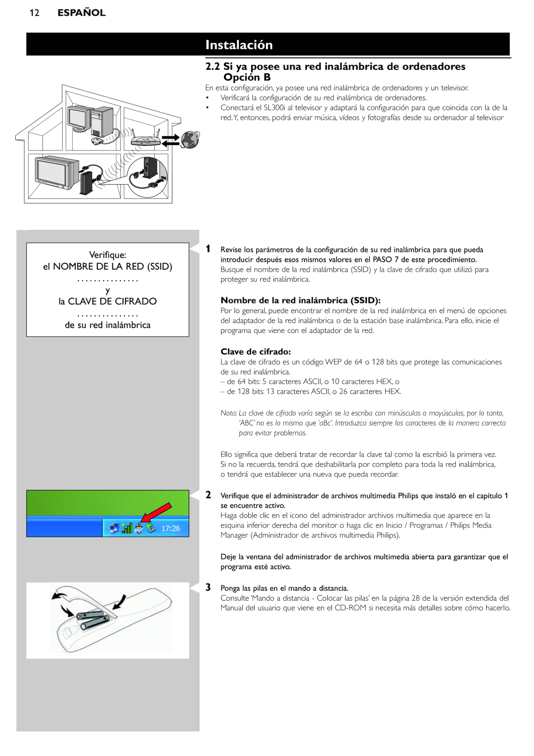 Philips SL300i manual Si ya posee una red inalámbrica de ordenadores Opción B, Nombre de la red inalámbrica Ssid 