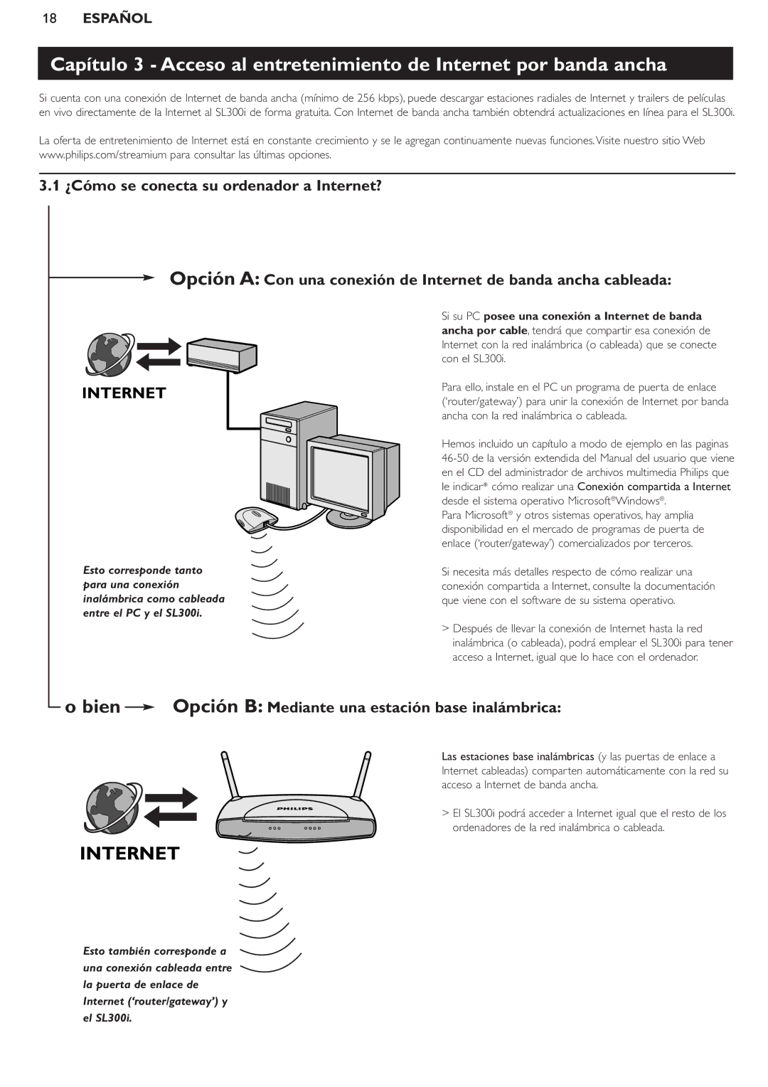 Philips SL300i manual Si su PC posee una conexión a Internet de banda 