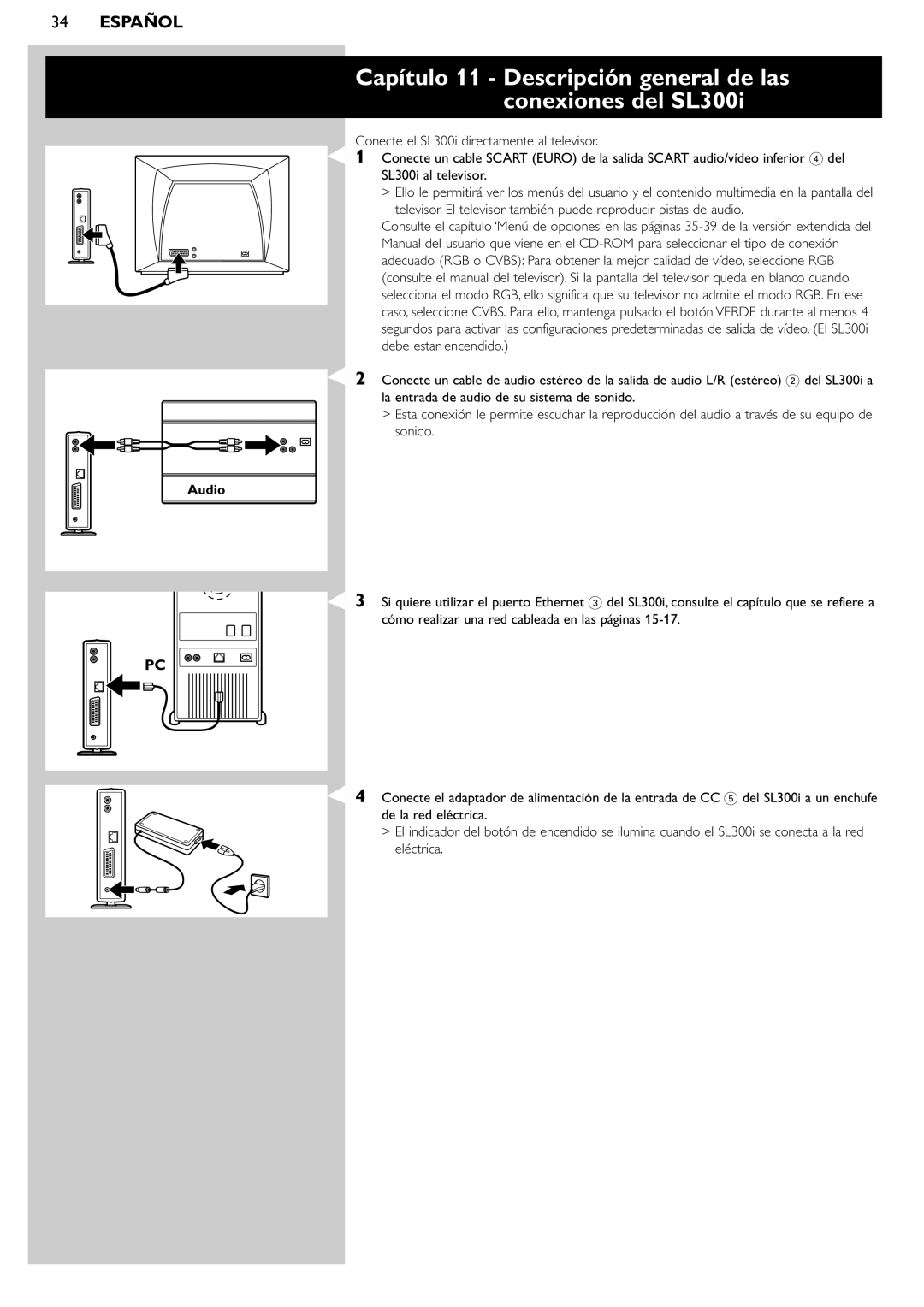 Philips manual Capítulo 11 Descripción general de las conexiones del SL300i, Audio 