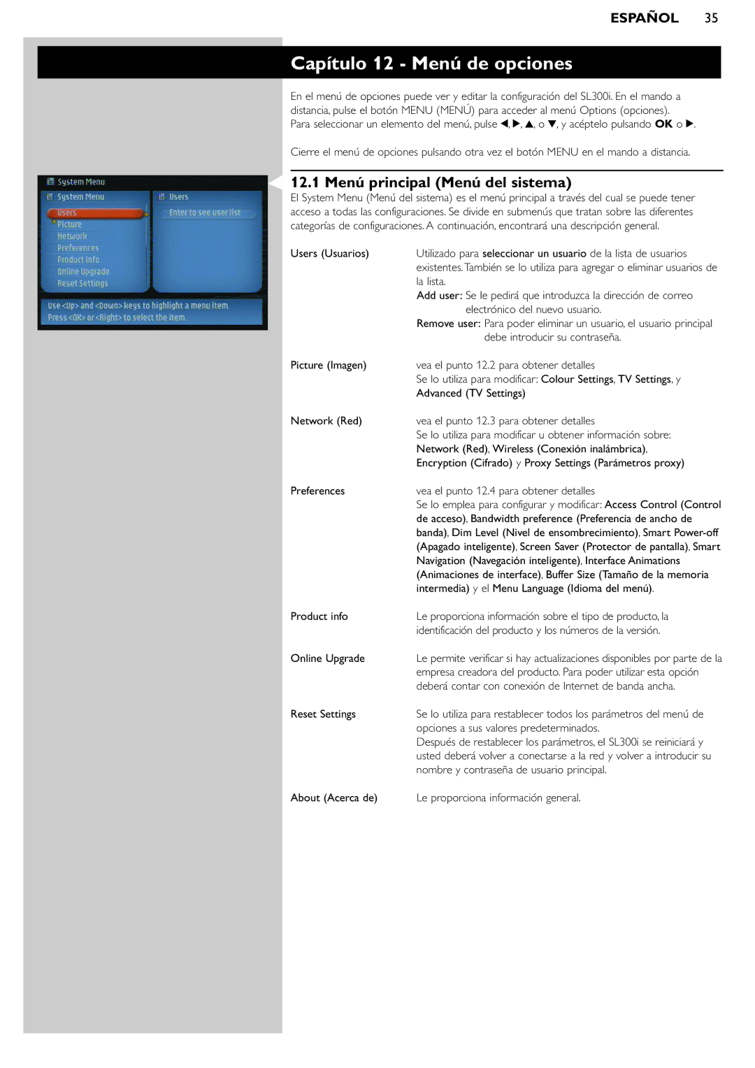 Philips SL300i manual Capítulo 12 Menú de opciones, 12.1 Menú principal Menú del sistema 