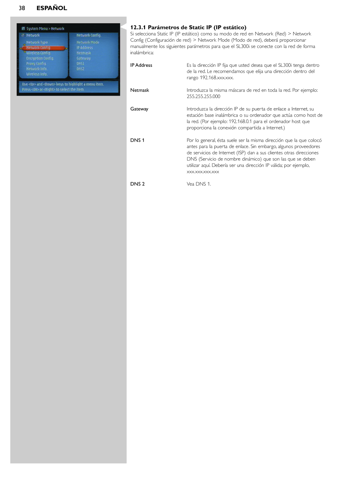 Philips SL300i manual 12.3.1 Parámetros de Static IP IP estático 
