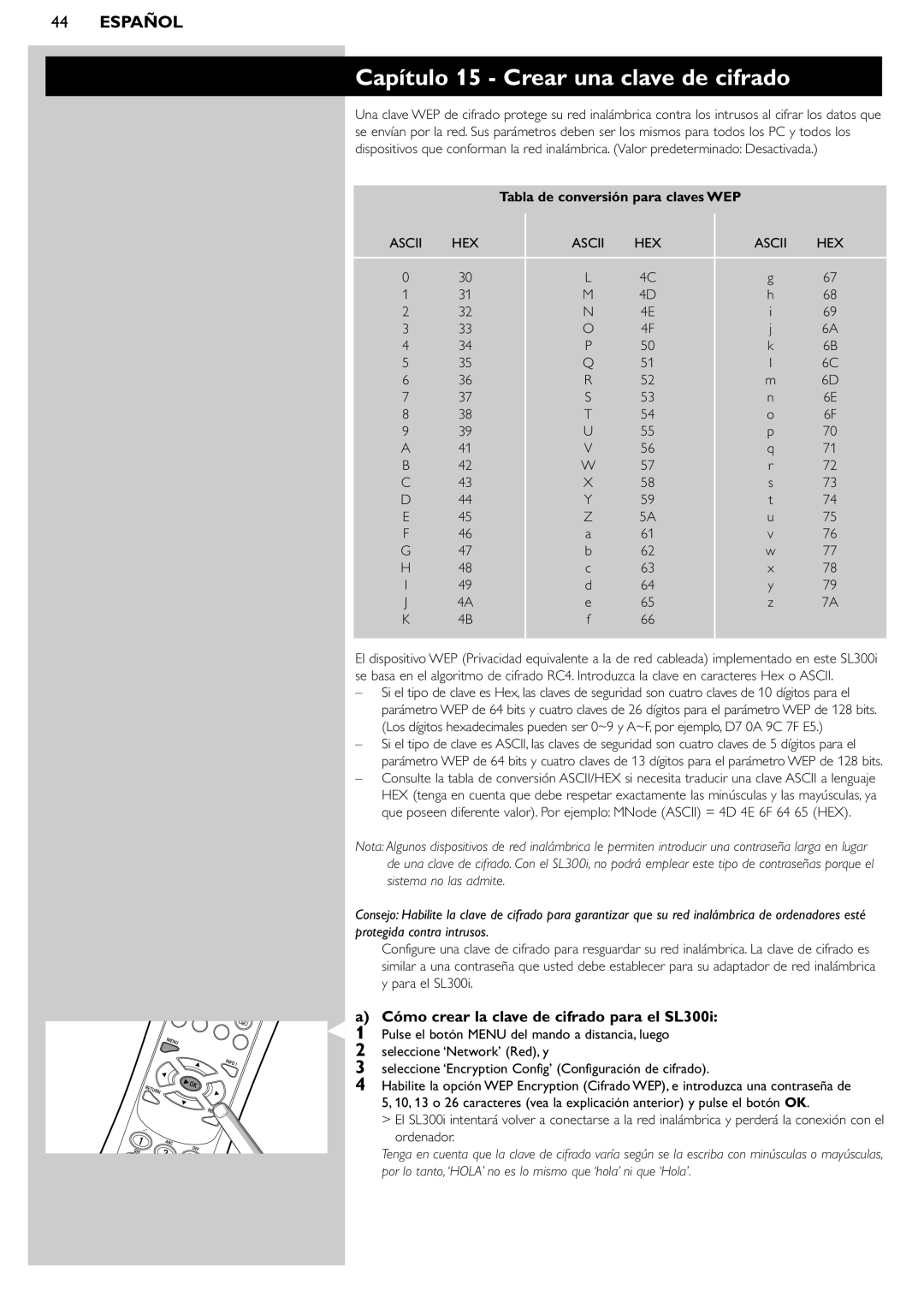 Philips manual Capítulo 15 Crear una clave de cifrado, Cómo crear la clave de cifrado para el SL300i 