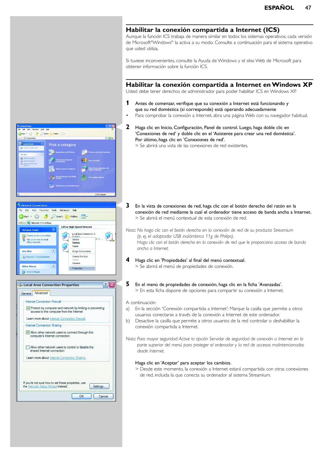 Philips SL300i Habilitar la conexión compartida a Internet ICS, Habilitar la conexión compartida a Internet en Windows XP 