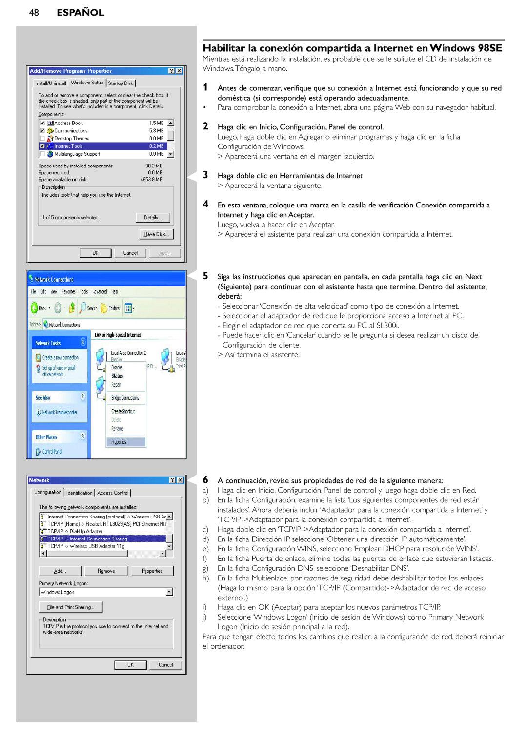 Philips SL300i manual Habilitar la conexión compartida a Internet en Windows 98SE, Externo’ 