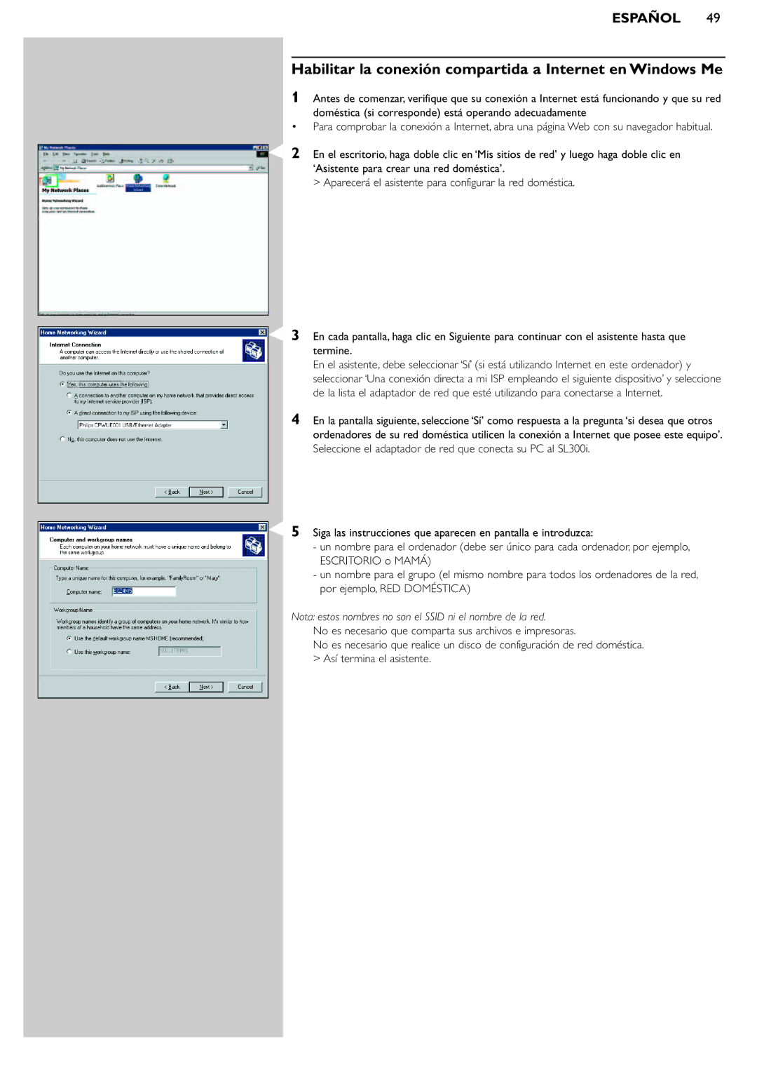 Philips SL300i manual Habilitar la conexión compartida a Internet en Windows Me 