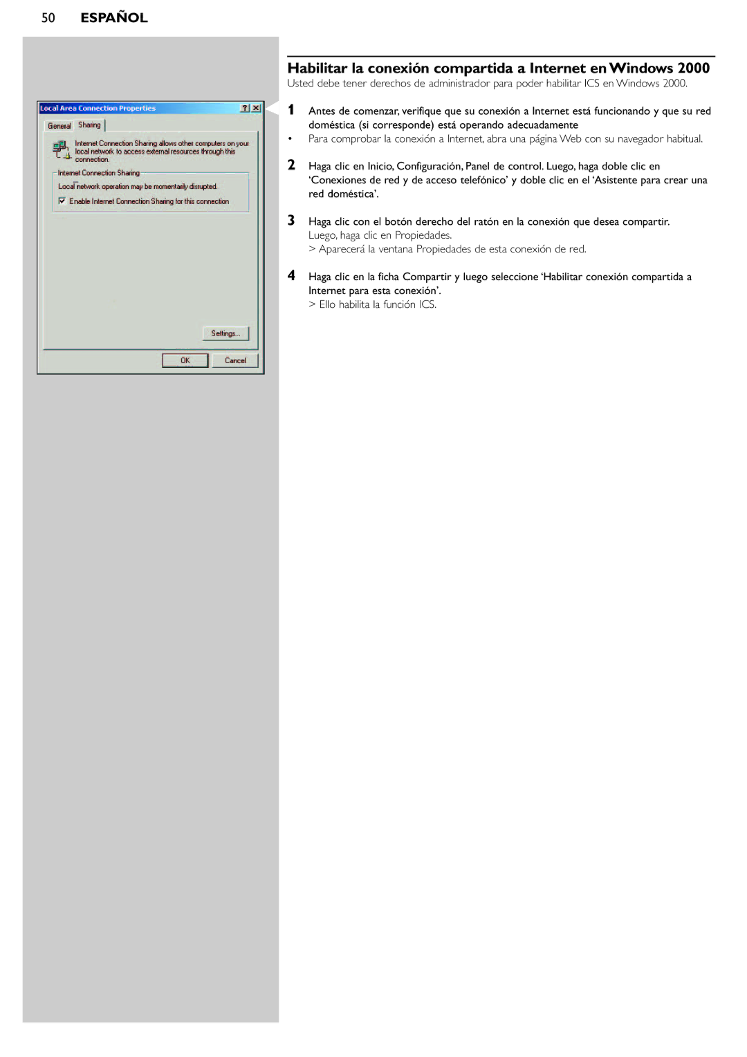 Philips SL300i manual Habilitar la conexión compartida a Internet en Windows 