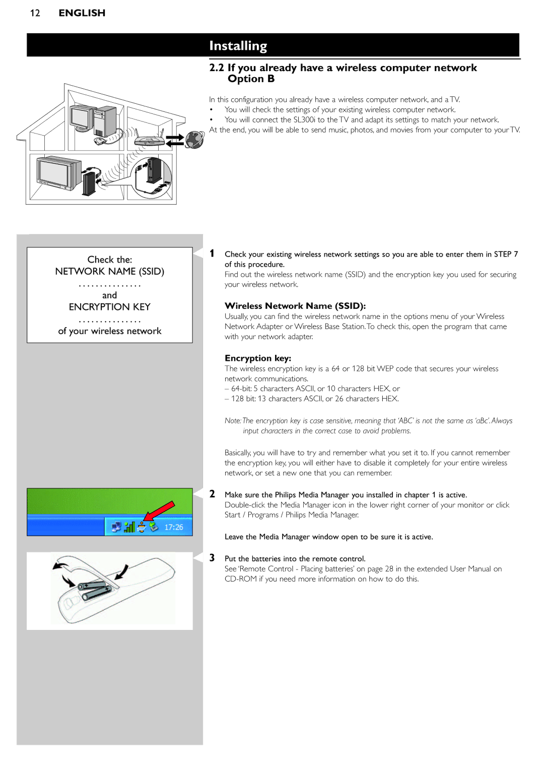 Philips SL300i manual If you already have a wireless computer network Option B, Wireless Network Name Ssid, Encryption key 