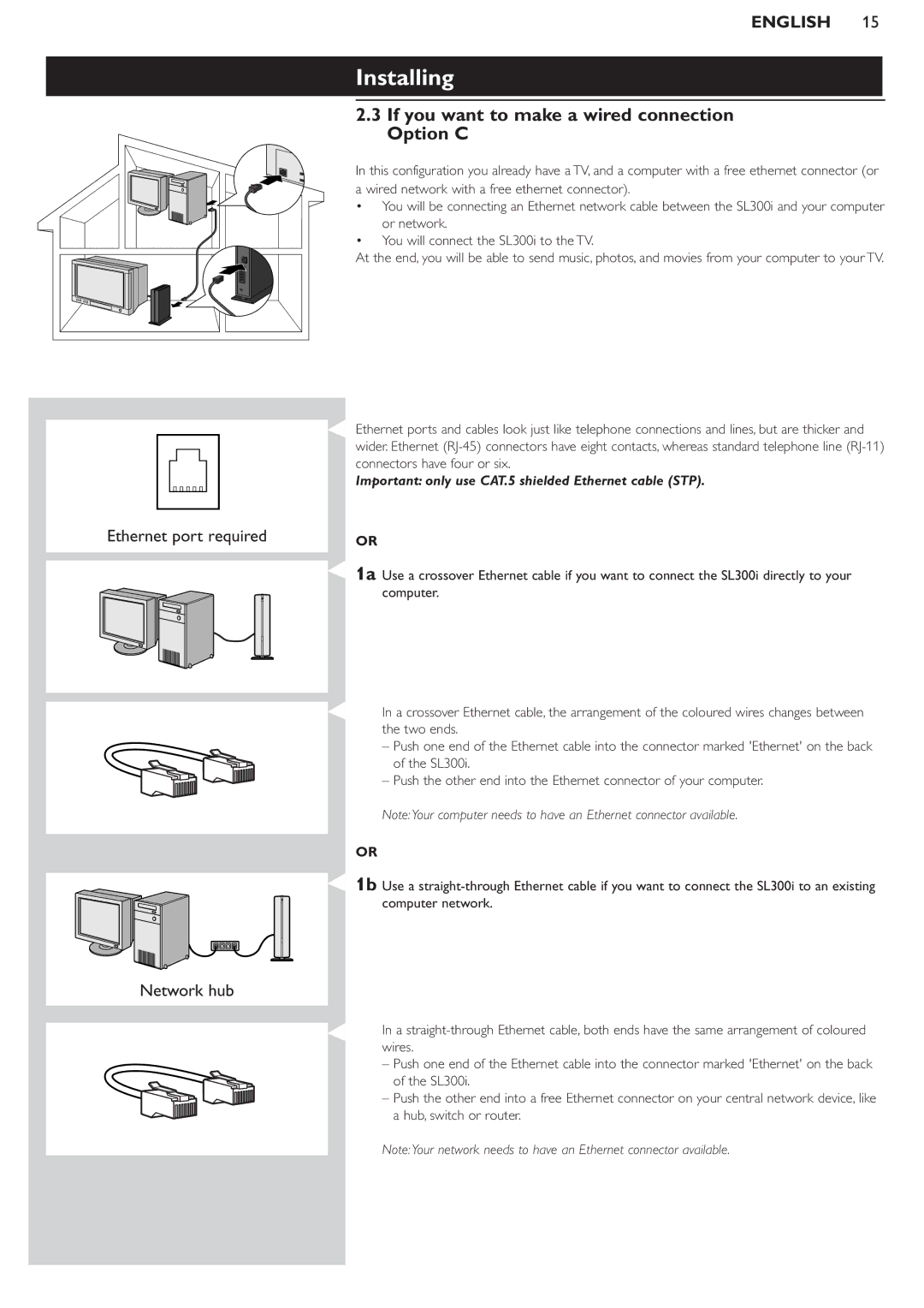 Philips SL300i manual If you want to make a wired connection Option C, Important only use CAT.5 shielded Ethernet cable STP 