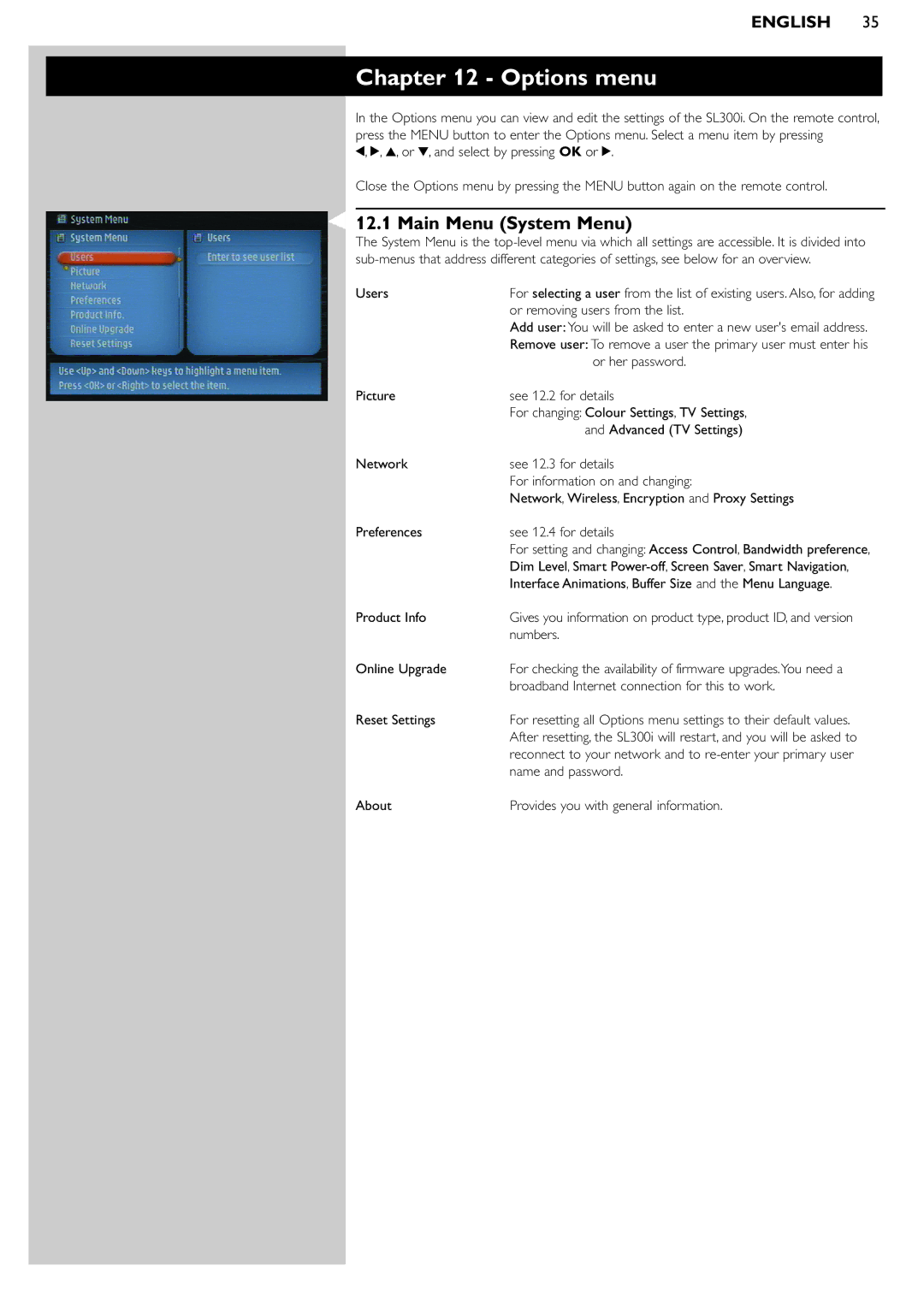 Philips SL300i manual Options menu, Main Menu System Menu 