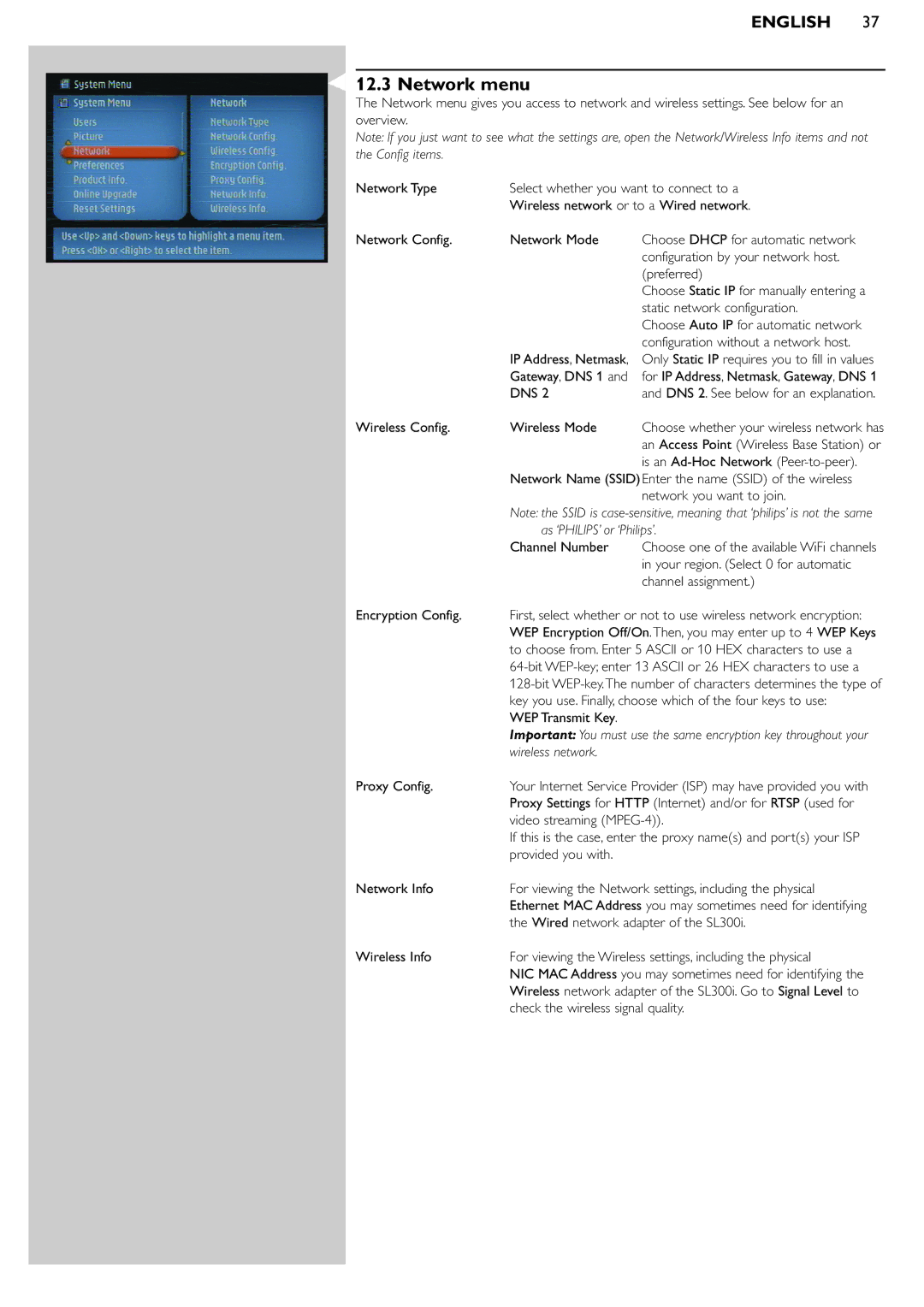 Philips SL300i manual Network menu 