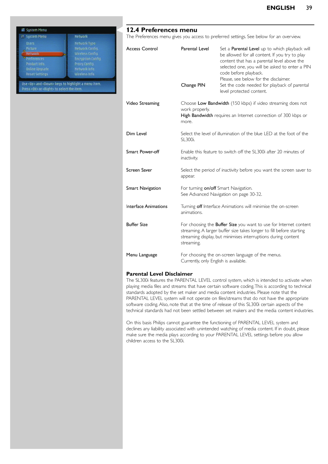 Philips SL300i manual Preferences menu, Parental Level Disclaimer 