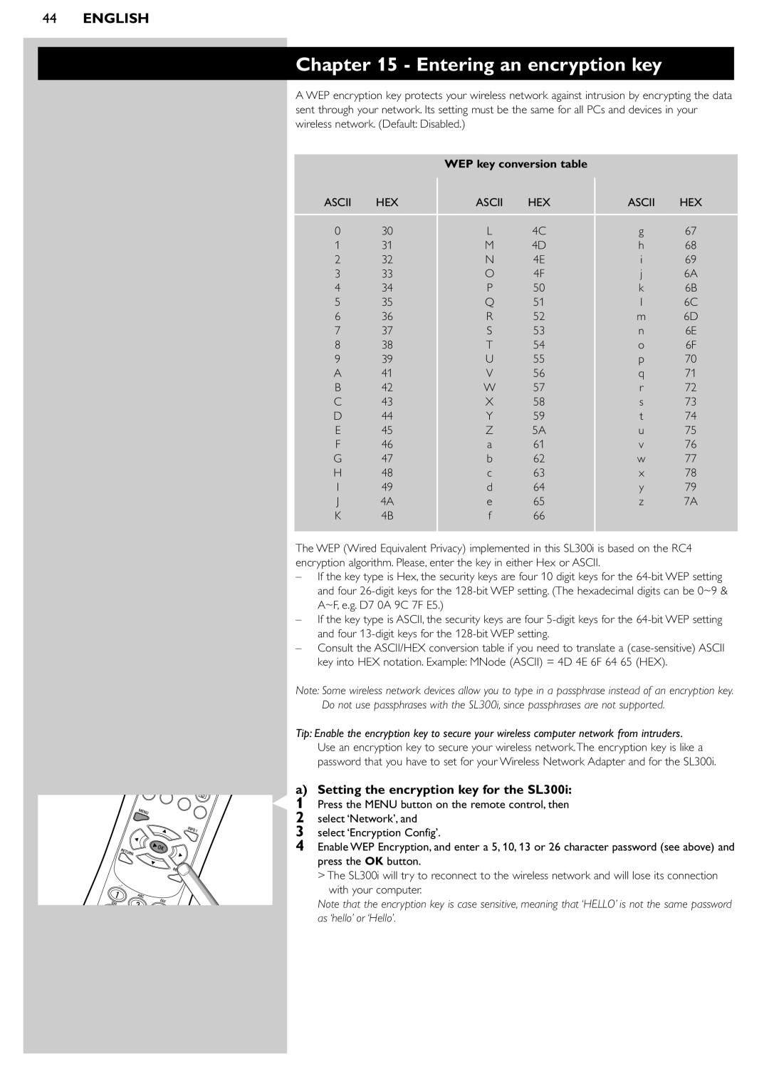 Philips manual Entering an encryption key, Setting the encryption key for the SL300i 