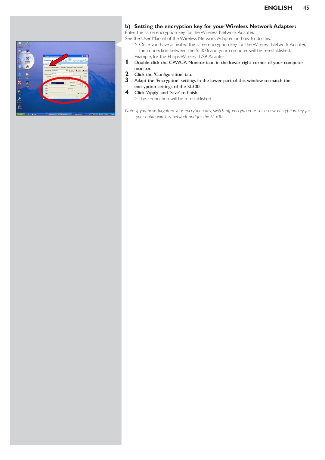 Philips SL300i manual Setting the encryption key for your Wireless Network Adapter 
