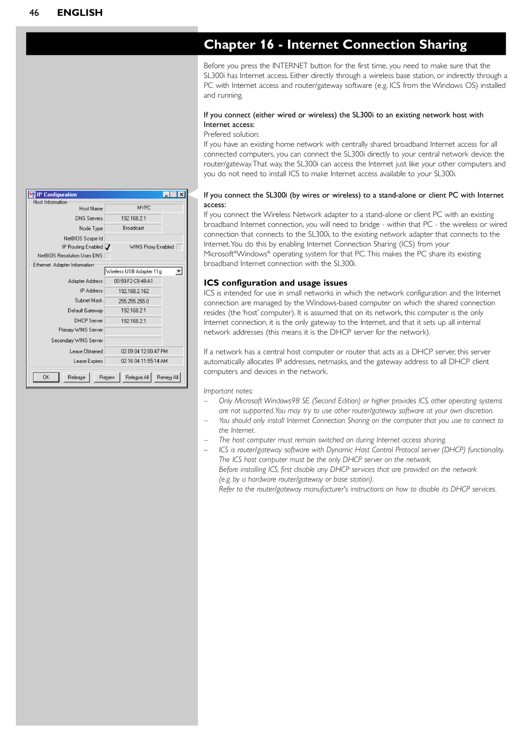 Philips SL300i manual Internet Connection Sharing, ICS configuration and usage issues 