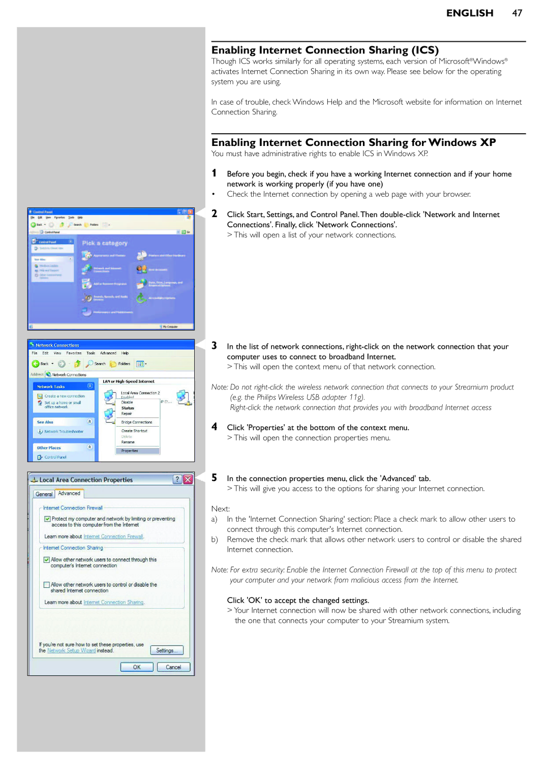 Philips SL300i manual Enabling Internet Connection Sharing ICS, Enabling Internet Connection Sharing for Windows XP 