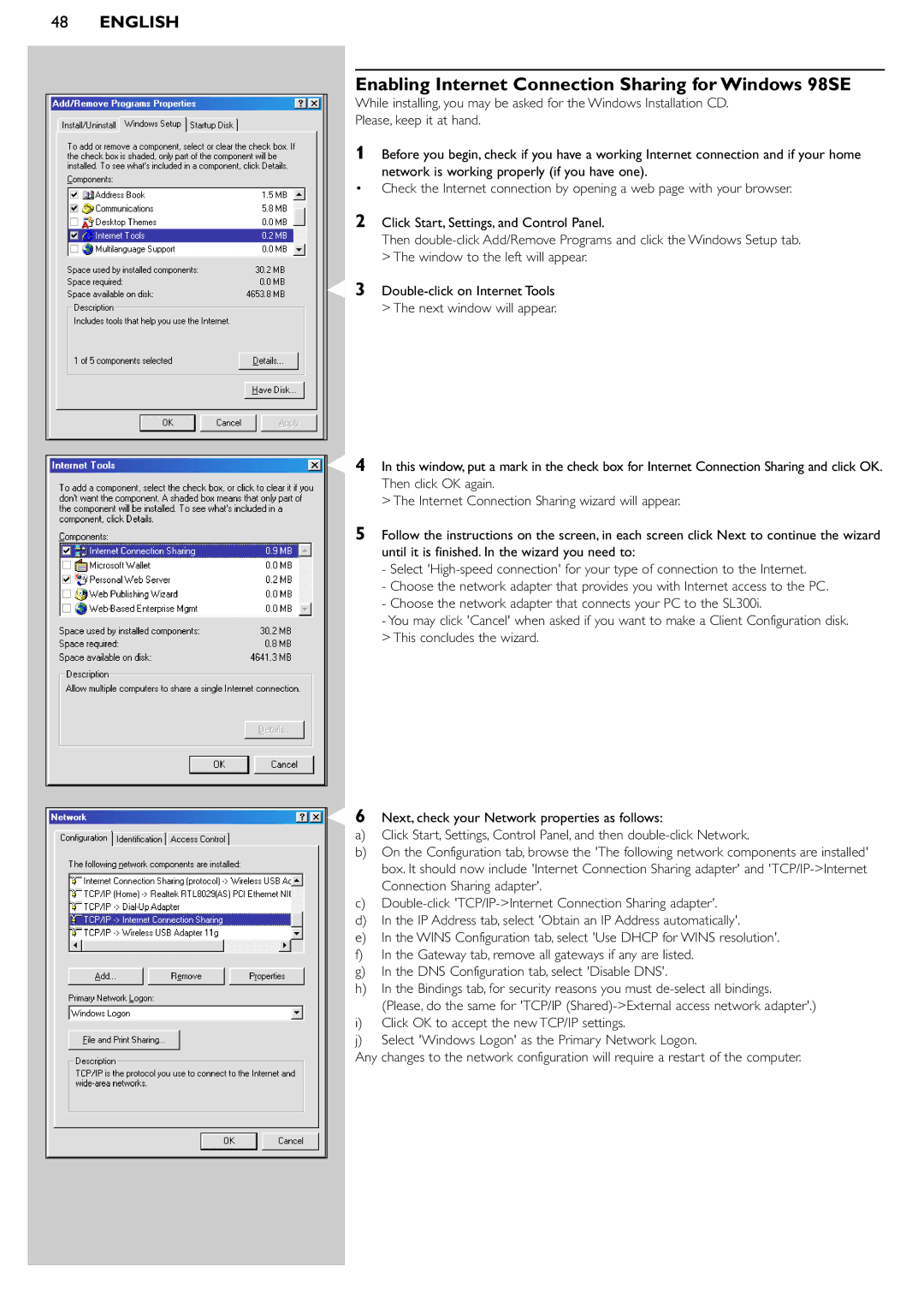 Philips SL300i manual Enabling Internet Connection Sharing for Windows 98SE 