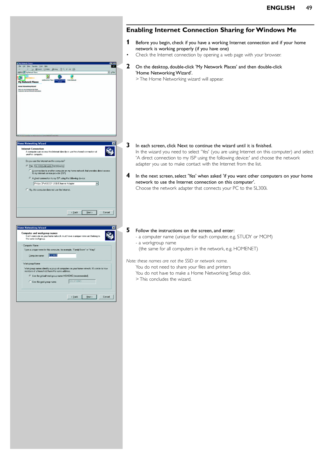 Philips SL300i manual Enabling Internet Connection Sharing for Windows Me 