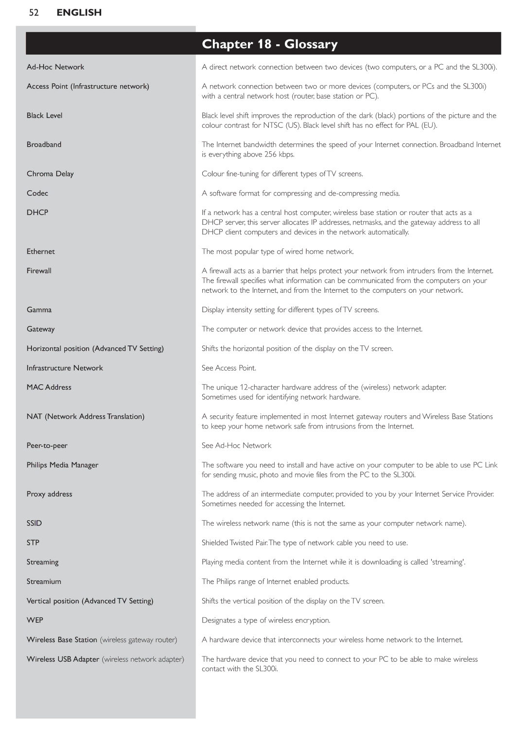 Philips SL300i manual Glossary, Streaming Streamium Vertical position Advanced TV Setting 