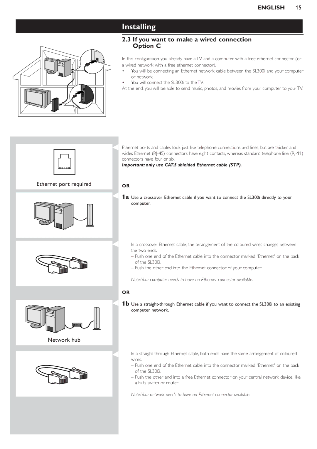 Philips SL300I/37 If you want to make a wired connection Option C, Important only use CAT.5 shielded Ethernet cable STP 