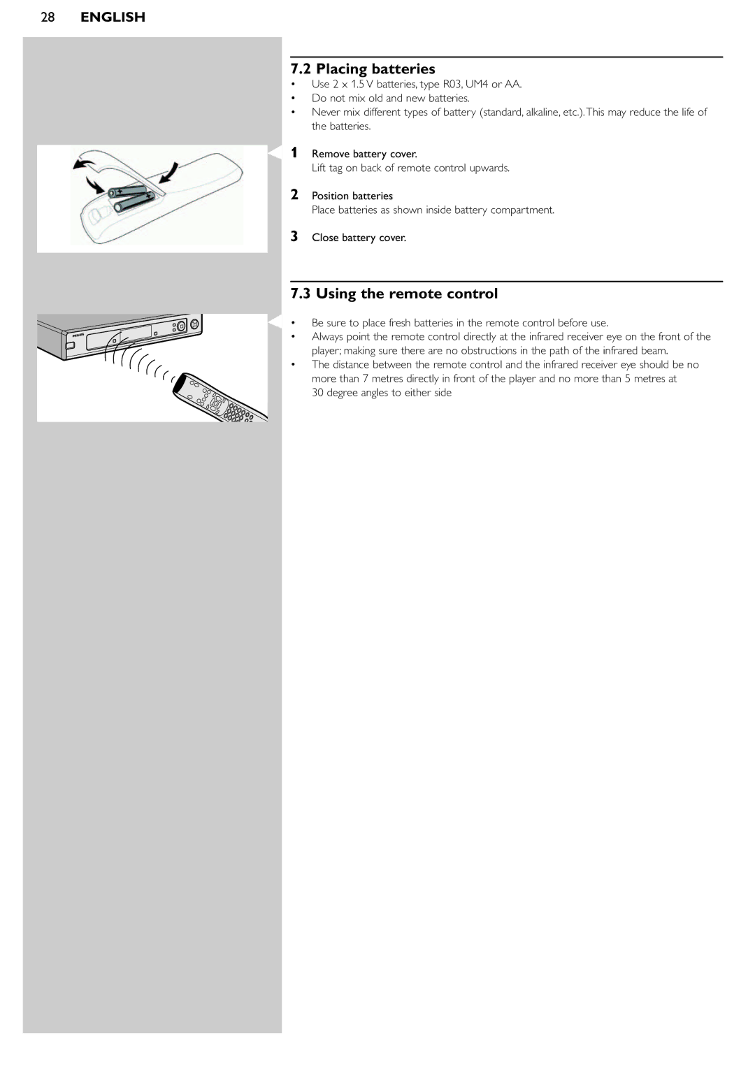 Philips SL400i manual Placing batteries, Using the remote control, Degree angles to either side 