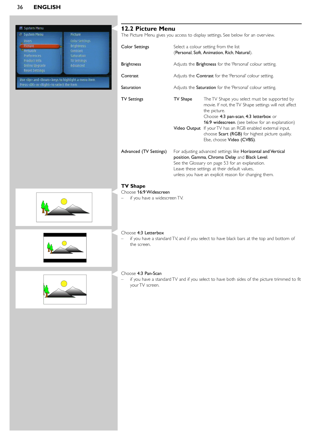 Philips SL400i manual Picture Menu, TV Shape 