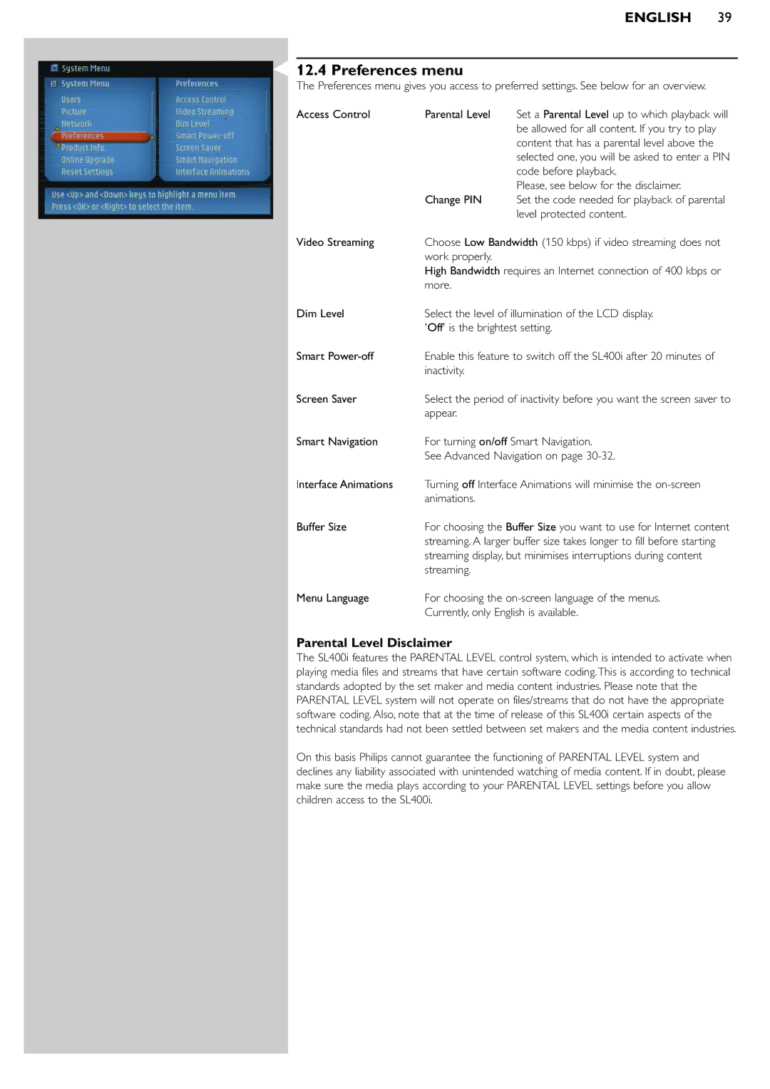 Philips SL400i manual Preferences menu, Parental Level Disclaimer 